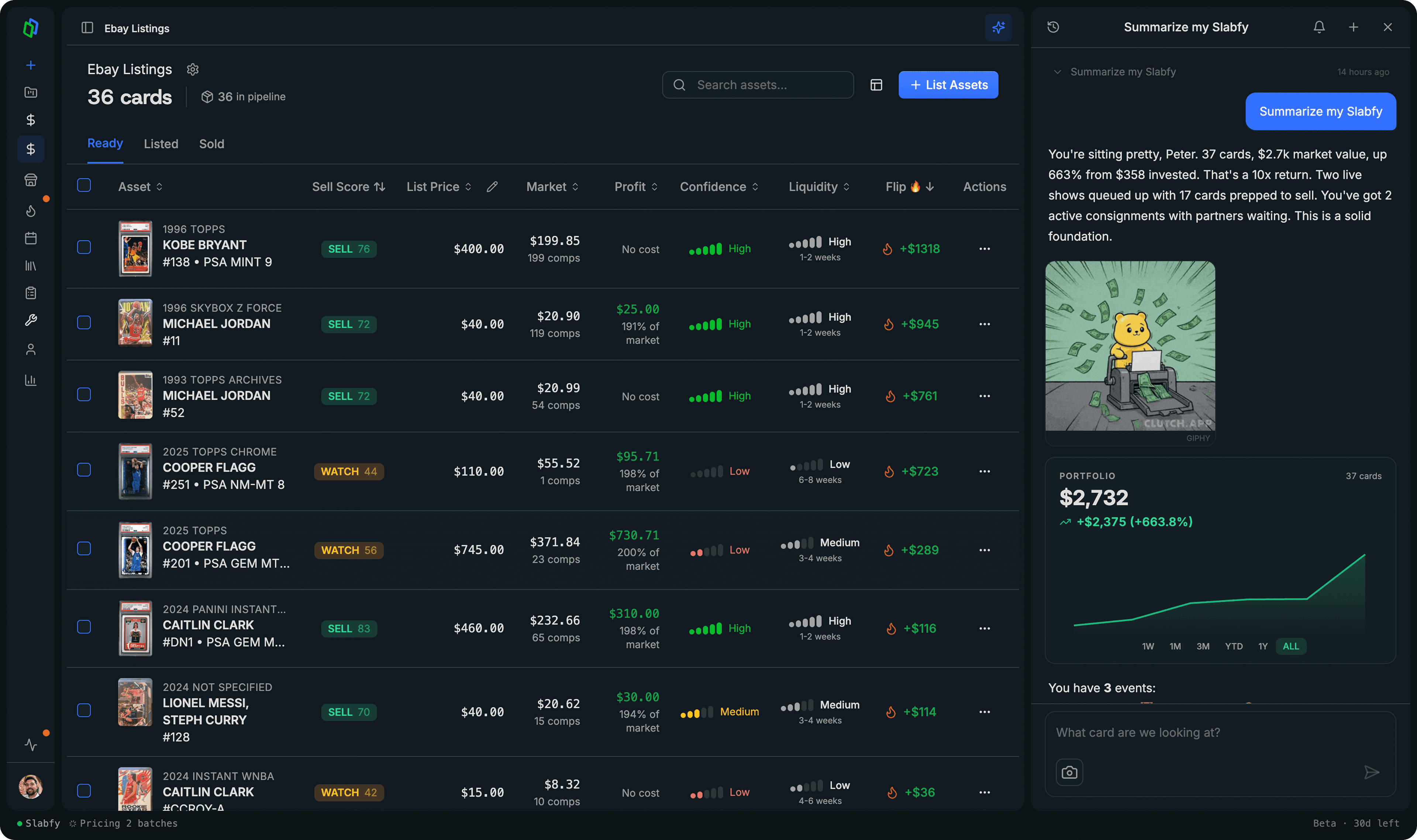 Slabfy desktop dashboard — sports card inventory management, card show POS, and eBay listings