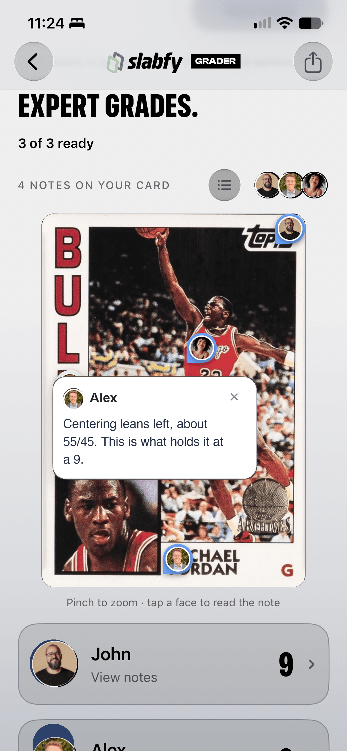 Grader’s actual comments pinned to Michael Jordan: Alex explains the centering and grade 9