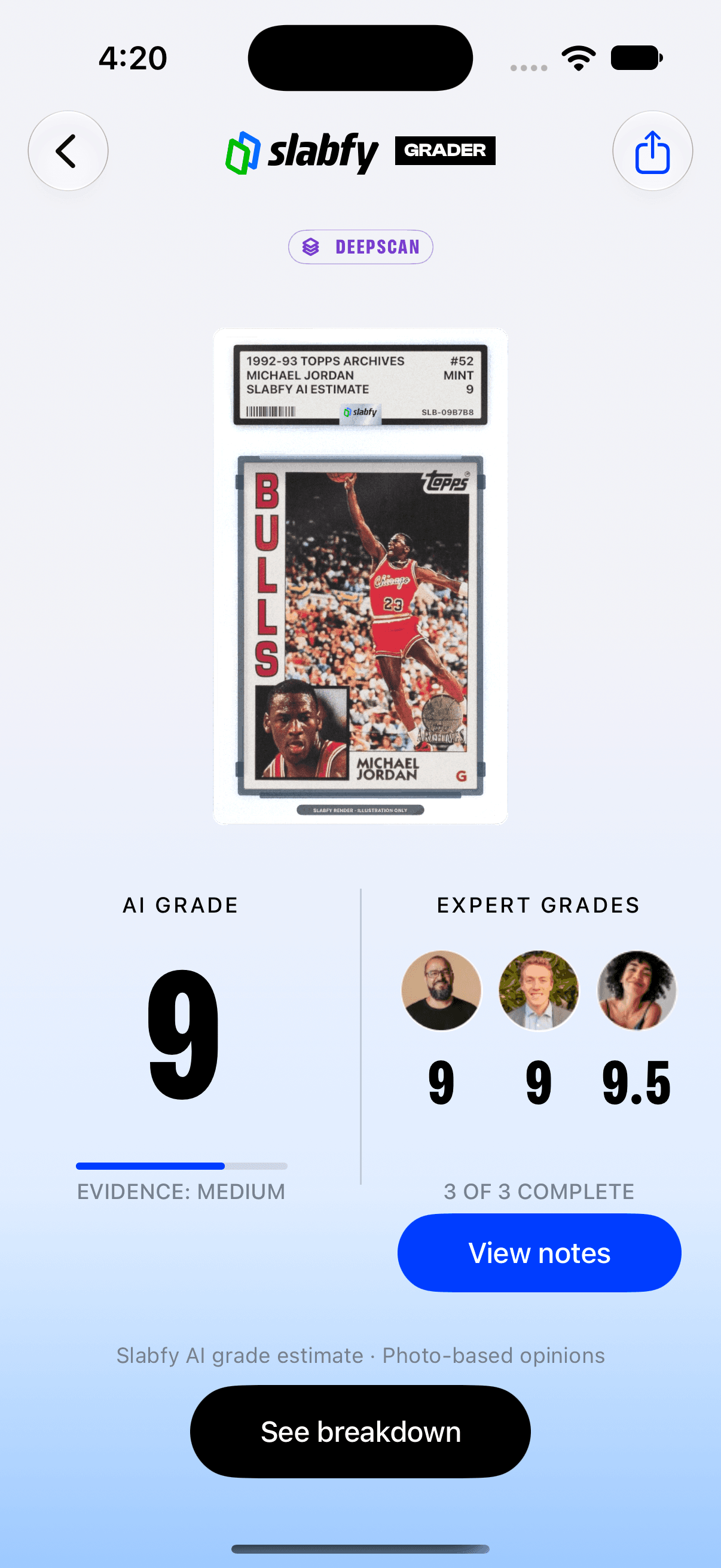 Slabfy Grader full slab result: Michael Jordan, AI grade estimate 9 and human grades 9, 9 and 9.5