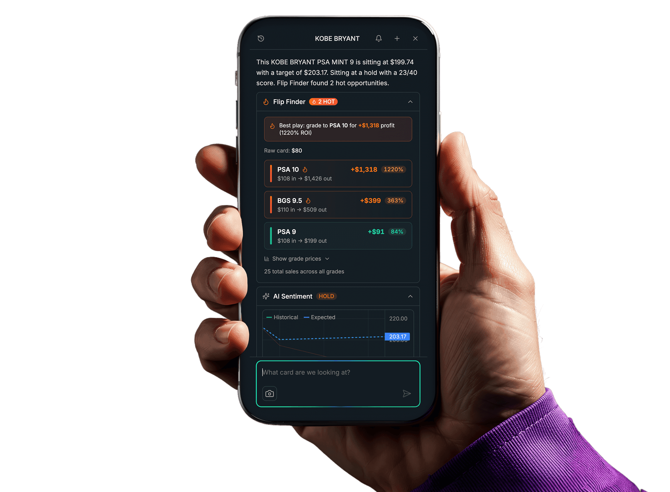 Slabfy AI agent Fy — BUY, SELL, or HOLD verdicts on any sports card