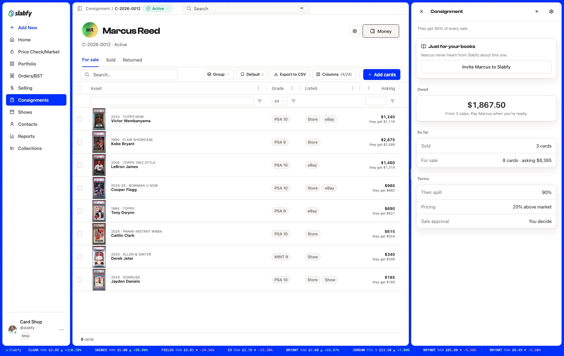 Slabfy Consignments on the web: Every consignor's cards, splits, and payouts in one place, with the terms signed before you sell a thing.